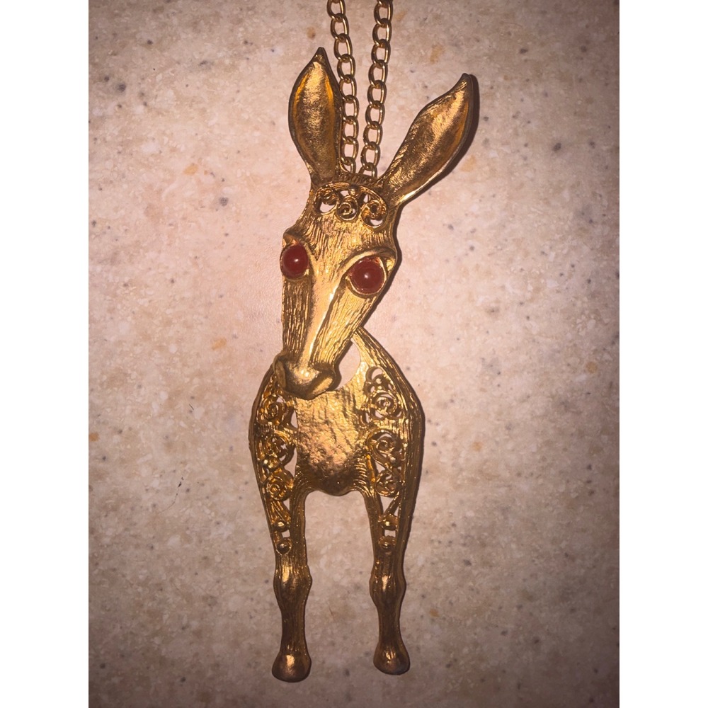 Vintage Gold Tone Donkey Pendant Necklace Red Eyes Filigree Statement OS